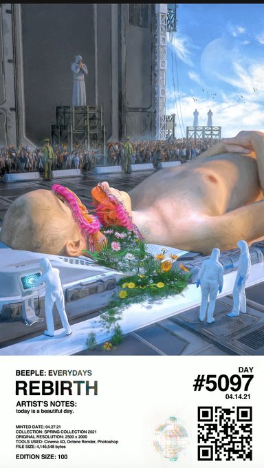 Beeple's 'Everydays: Rebirth' Day #5097 NFT artwork dated 04.14.21, depicting a surreal scene of a giant reclining figure with flowers blooming from the mouth, observed by crowds.