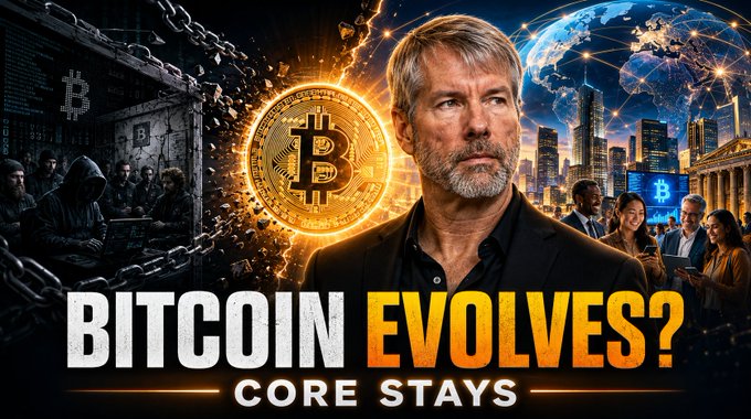A YouTube-style thumbnail featuring a man with a Bitcoin logo overlay, with bold text reading 'BITCOIN EVOLVES? CORE STAYS' against a city and blockchain-themed background.