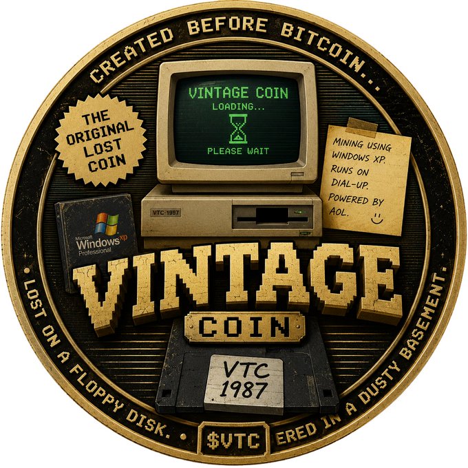 A gold commemorative coin labeled 'VINTAGE COIN $VTC' featuring retro computer imagery including a CRT monitor displaying 'VINTAGE COIN LOADING... PLEASE WAIT', a Windows XP Professional box, a floppy disk labeled 'VTC 1987', and text reading 'CREATED BEFORE BITCOIN... LOST ON A FLOPPY DISK... MINING USING WINDOWS XP RUNS ON DIAL-UP POWERED BY AOL.'