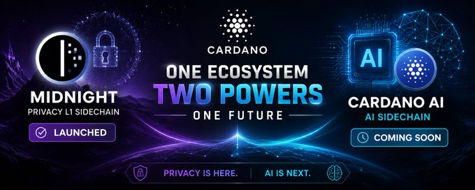 A promotional graphic for Cardano's dual sidechain ecosystem, featuring the Midnight Privacy L1 Sidechain (labeled "LAUNCHED") on the left and the Cardano AI Sidechain (labeled "COMING SOON") on the right, centered around the tagline "ONE ECOSYSTEM, TWO POWERS, ONE FUTURE" with the closing message "PRIVACY IS HERE. AI IS NEXT." The visual directly reinforces the post's announcement of Midnight's launch and the upcoming Cardano AI sidechain, unifying both under the Cardano brand.