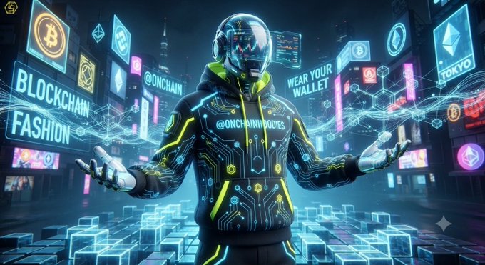 A digital illustration of a futuristic figure in a circuit-patterned hoodie and reflective visor, standing in a neon cityscape with blockchain-themed signage including 'BLOCKCHAIN FASHION', '@ONCHAINBODIES', 'WEAR YOUR WALLET', and 'TOKYO'.