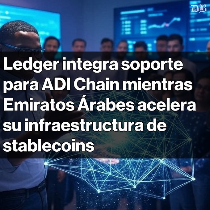 The image features a group of people gathered around a blue screen displaying information about ADI Chain's token, the ADI token of ADI Chain. The text on the screen reads "Ledger integrates support for the ADI token of ADI Chain in its wallets. The network focused on stablecoins and tokenized assets is backed by institutions from the United Arab Emirates. This move marks a milestone in institutional blockchain infrastructure".