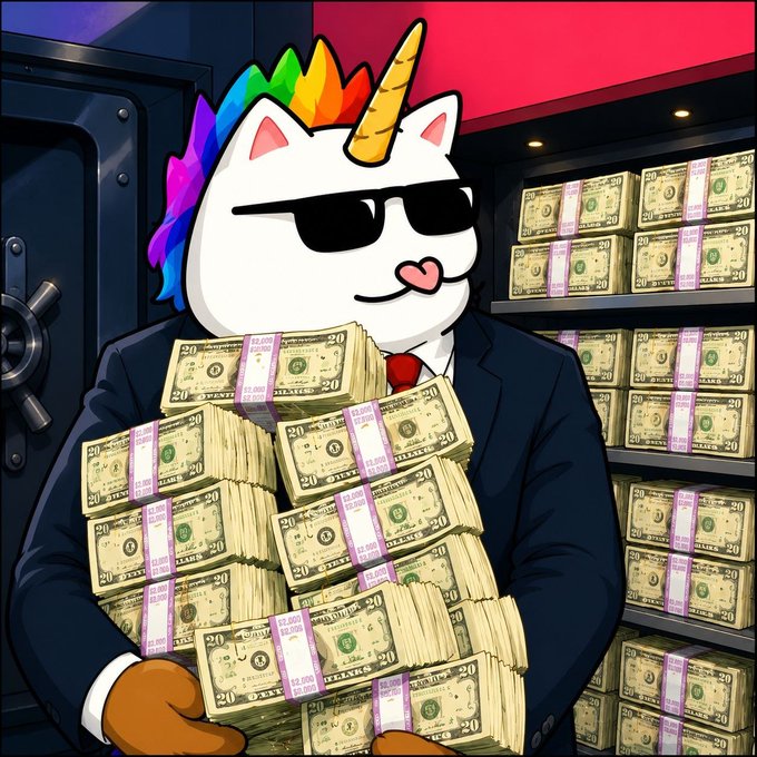 A cartoon illustration of a unicorn wearing sunglasses and a business suit, holding stacks of $20 bills in front of a vault filled with cash.