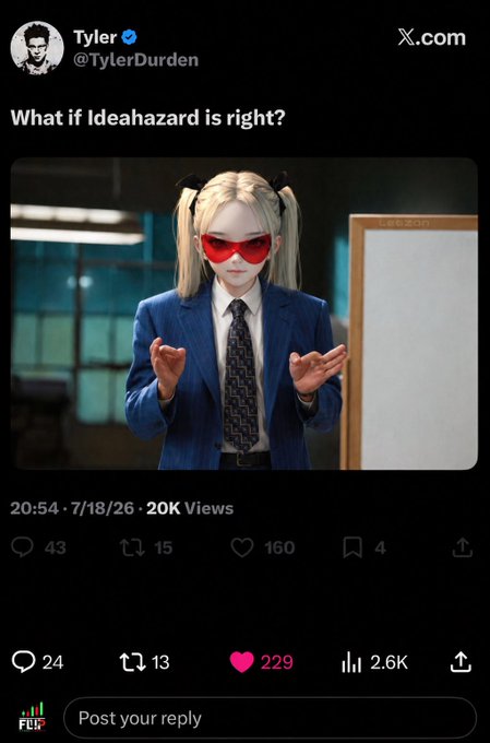 A tweet from Tyler (@TylerDurden) on X.com reading 'What if Ideahazard is right?' with an image of an AI-generated woman in a blue suit and red sunglasses.