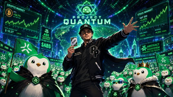 The image features a man standing in front of a group of penguins, with one of them holding a flag that says "Project Quantum" written on it. The man appears to be dressed in a black jacket and has his arms raised high above his head. In the background, there are several other penguins, some of which have flags attached to their backs as well. The image also includes text elements such as "My timeline looking real quantum-pilled rn Let Luca cook Still believe in @LucaNetz and $PENGU #ProjectQuantum".