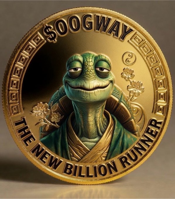 A gold commemorative coin featuring a stylized portrait of Master Oogway from Kung Fu Panda, inscribed with "$OOGWAY" at the top and "THE NEW BILLION RUNNER" along the bottom, promoting the meme token's launch on Solana with an airdrop giveaway.