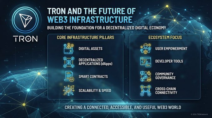 An infographic titled 'TRON AND THE FUTURE OF WEB3 INFRASTRUCTURE' outlining core infrastructure pillars (Digital Assets, dApps, Smart Contracts, Scalability & Speed) and ecosystem focus areas (User Empowerment, Developer Tools, Community Governance, Cross-Chain Connectivity).