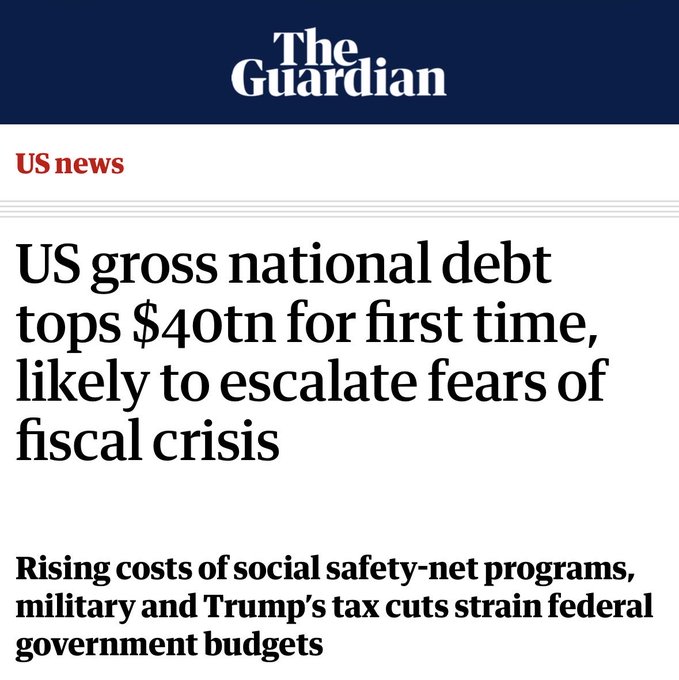 A Guardian headline reading "US gross national debt tops $40tn for first time, likely to escalate fears of fiscal crisis" appears alongside a subheadline about rising social safety-net costs and Trump's tax cuts straining federal budgets—visually underscoring the "Got Bitcoin?" message by highlighting growing concerns over U.S. fiscal instability that often drive interest in alternative stores of value like cryptocurrency.