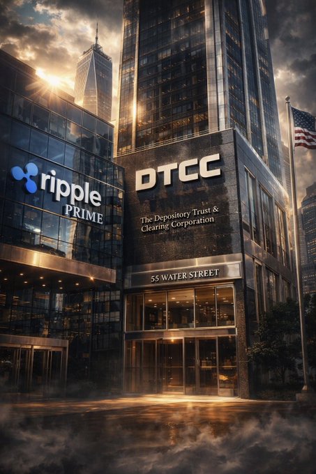 A stylized nighttime image of a sleek skyscraper at 55 Water Street features illuminated signage for "DTCC (The Depository Trust & Clearing Corporation)" alongside the "Ripple Prime" logo, with an American flag flying in the background. The dramatic architectural depiction visually reinforces the post's announcement of its historic new tokenization service launch, highlighting Ripple Prime's deep integration with the DTCC's massive $114 trillion asset infrastructure.