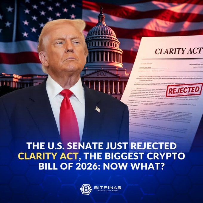 A news thumbnail from BitPinas showing Donald Trump before the U.S. Capitol, with the text 'THE U.S. SENATE JUST REJECTED CLARITY ACT, THE BIGGEST CRYPTO BILL OF 2026: NOW WHAT?' alongside a document stamped 'REJECTED'.