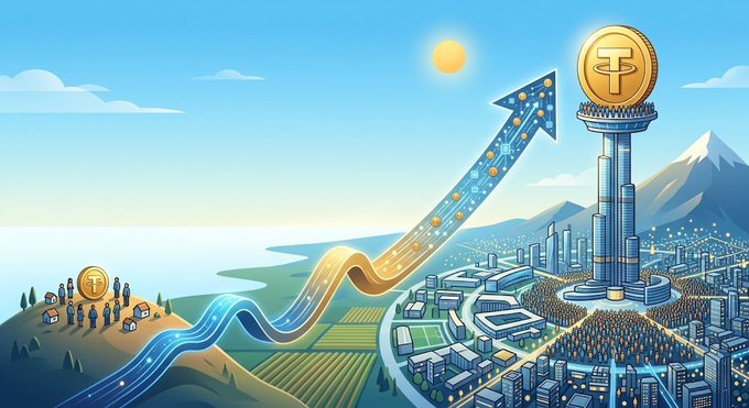 The illustration shows a small rural village on the left with people holding a gold "T" coin, connected by an upward-trending arrow path to a towering futuristic city on the right crowned by a massive Tether (USDT) coin, visually depicting the crypto "1000x dream" of a small investment rising dramatically to massive wealth.