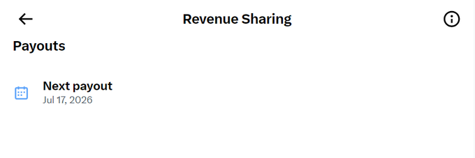 A simple app interface showing a 'Revenue Sharing' screen with a 'Next payout' date of Jul 17, 2026.