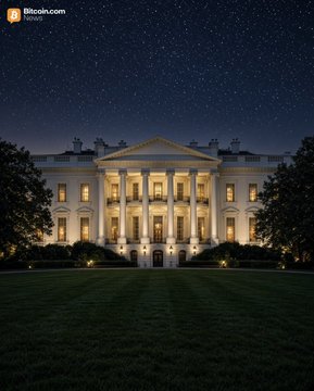The image shows the White House illuminated at night under a starry sky, with the "Bitcoin.com NEWS" logo in the top-left corner. It relates to the post by symbolizing the federal government, as Rep. Eugene Vindman's "Sell Your Stocks or Step Down Act" (HR 10199) would impose sweeping stock and crypto trading restrictions on the President, Vice President, Congress, and senior officials.