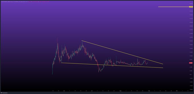 A cryptocurrency trading chart on a purple gradient background showing price action with a descending triangle pattern drawn in yellow lines.