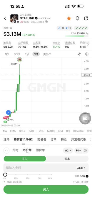 A trading chart shows the ticker STARLINK at $3.13M with +97.93%, while the post speculates that XLayer may be about to announce something, with “Brother Bird” apparently participating.