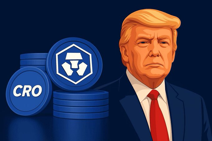 A digital illustration features Donald Trump in a suit next to blue coins labeled 'CRO' with a hexagonal logo, set against a dark blue background.