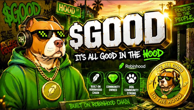 Cryptocurrency meme coin advertisement for $GOOD featuring a Shiba Inu dog wearing pixel sunglasses and a green hoodie, with text 'IT'S ALL GOOD IN THE HOOD,' 'POWER TO THE PEOPLE,' and noting it's built on Robinhood Chain with community-owned features.