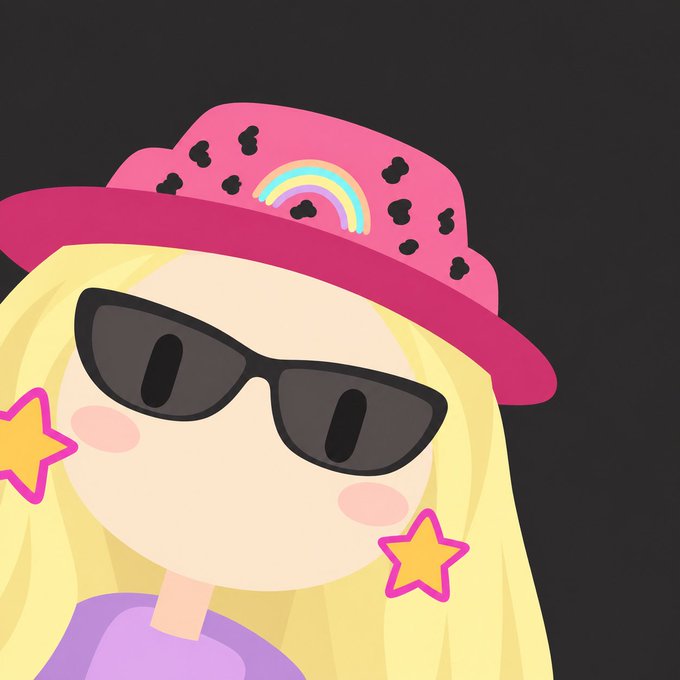 A cartoon avatar of a blonde girl wearing a pink hat with a rainbow and leopard print details, black sunglasses, and yellow star earrings.