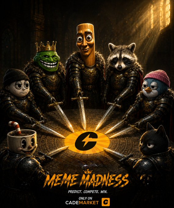 A fantasy-themed promotional poster titled 'MEME MADNESS' featuring internet meme characters including Trollface, a wooden figure, a raccoon, a cat, and a penguin dressed as knights with swords pointed at a central lightning bolt logo, with text 'PREDICT. COMPETE. WIN.' and 'ONLY ON CADEMARKET'.