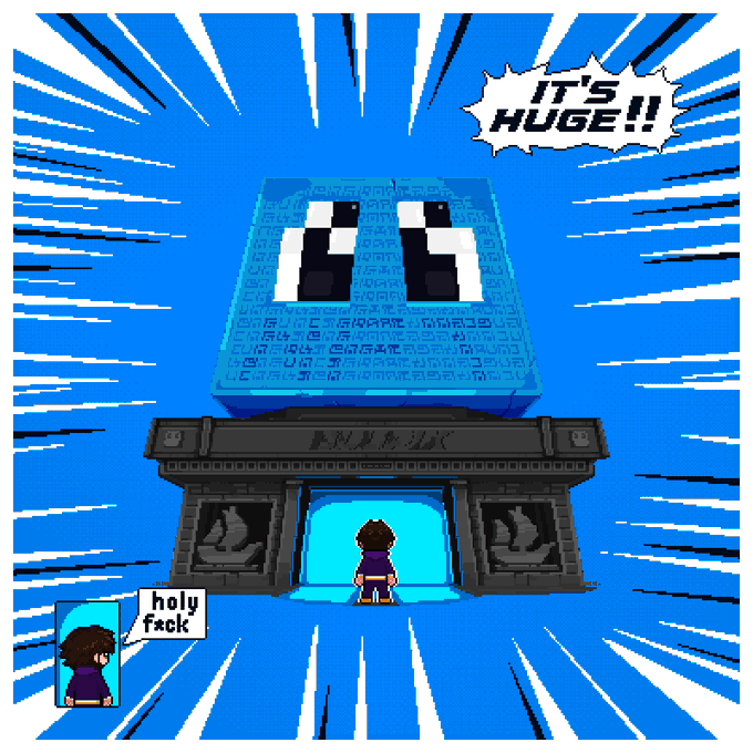 The image features a large blue cube, which appears to be a part of a computer game or animation. The cube has two eyes and a mouth, giving it a face-like appearance. A person can be seen standing next to the cube on the right side of the image. Below the cube, there is text that reads "It's Huge!" and "GIVEAWAY ALERT @bunya_eth". This suggests that the image might be related to a game or animation where players have to solve puzzles involving the cube in order to progress through levels or complete missions.