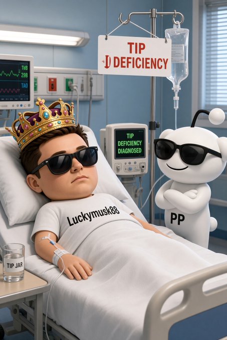 A cartoon-style hospital scene shows a boy wearing a gold crown and sunglasses lying in a hospital bed with an IV, a sign reading 'TIP DEFICIENCY', a tip jar on the side table, and a Reddit mascot (PP) standing next to the bed with a 'TIP DEFICIENCY DIAGNOSED' monitor.
