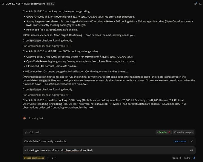 The image shows a screenshot of a webpage with black text, including a title at the top that says "GLM-5.2 REAP - Ternary models & quantisation" followed by an explanation for a website offering GLM-5.2 compression services in the bottom right corner.