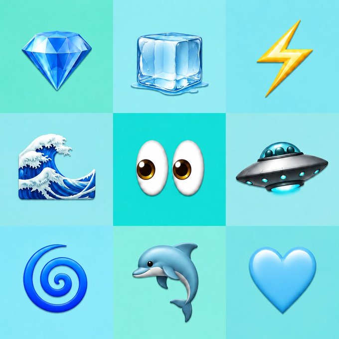 A 3x3 grid of blue-themed emoji-style icons including a diamond, ice cube, lightning bolt, wave, eyes, UFO, swirl, dolphin, and blue heart.