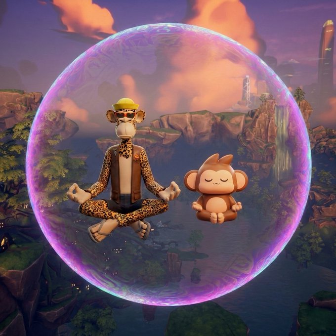 A 3D rendered scene of a meditating cheetah character in a yellow hard hat and a small monkey inside a glowing purple bubble, floating above a fantasy landscape with cliffs and waterfalls.