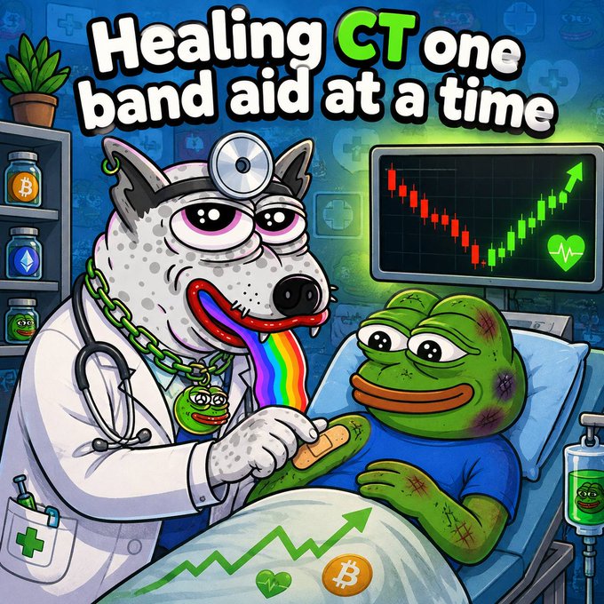 A colorful cartoon illustration titled "Healing CT one band aid at a time" showing a dog doctor with a rainbow tongue treating a bruised Pepe the Frog patient, with a crypto chart and Bitcoin/Pepe logos in the background.