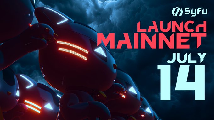 A futuristic robotic character with glowing orange and blue accents stands against a dark cloudy backdrop, alongside text announcing the "SyFu" "LAUNCH MAINNET" on "JULY 14." The image visually reinforces the post's announcement of the SyFu Mainnet β launch date with its high-tech aesthetic, symbolizing the platform's transition to its next operational phase.