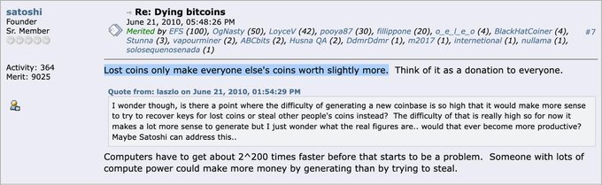 A screenshot of a June 21, 2010 forum post by Bitcoin's founder Satoshi Nakamoto under the thread "Re: Dying bitcoins," where he explains that lost coins only contribute to everyone else's value and that computing power will outpace coin generation before it becomes profitable to steal lost coins.