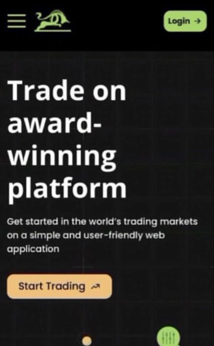 A mobile screenshot of a trading platform website featuring the text 'Trade on award-winning platform,' a 'Start Trading' button, and a green 'Login' button.