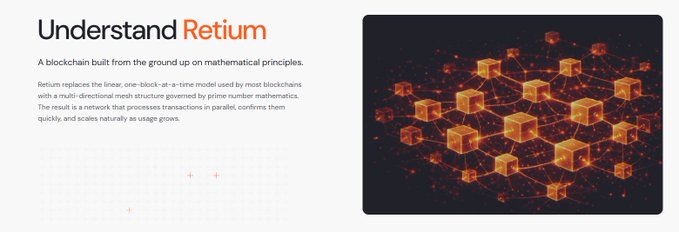 A website header reading "Understand Retium" describing it as "A blockchain built from the ground up on mathematical principles," with an image of interconnected glowing orange cubes representing a network.