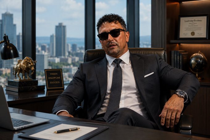 The image features a man sitting at his desk, wearing a suit and tie, with sunglasses on. He has a laptop open in front of him, suggesting he might be working or studying. The background shows a window overlooking a cityscape, indicating that this scene takes place in an office setting. There is also a bull statue visible in the room, adding to the urban atmosphere. The image includes text that reads "Gbiz to everyone on AVAX hotemin", which could possibly be a reference to a popular TV show or movie featuring a character named Gbiz who is known for his business acumen and love of luxury items like fine wine and expensive jewelry.