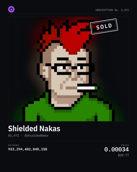 A pixel art NFT profile for 'Shielded Nakas' (@ShieldedNaka) marked as SOLD, with inscription number 2,472, showing a price of 0.00034 ($28.77) and a Satoshi value of 933,294,402,840,158.