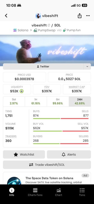 A screenshot of a cryptocurrency trading app showing the 'vibeshift' token on Solana, with a price of $0.0003978, market cap of $397K, and 360 traders.