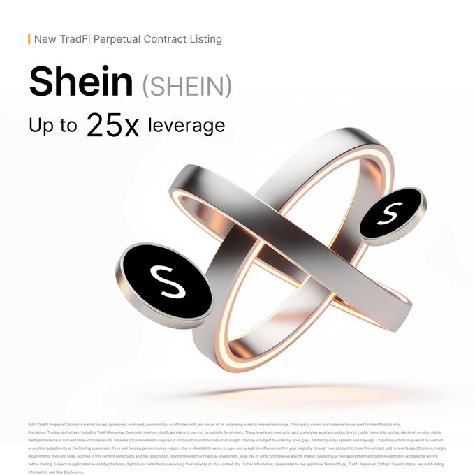 A Bybit promotional graphic announcing the new TradFi Perpetual Contract listing for Shein (SHEIN), featuring metallic interlocking rings with "S" coin tokens and offering up to 25x leverage, matching the post's announcement of $SHEINUSDT trading availability on the platform.