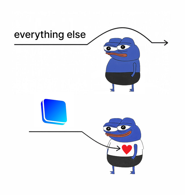 A meme comparing 'everything else' featuring a plain blue cartoon frog, to a blue stack of cards, with a heart-eyes frog in a 'I ❤️' shirt, using arrows to contrast the two.