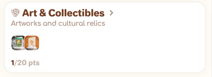 An app interface card titled 'Art & Collectibles' with the subtitle 'Artworks and cultural relics,' showing two collectible items and a progress score of '1/20 pts.'
