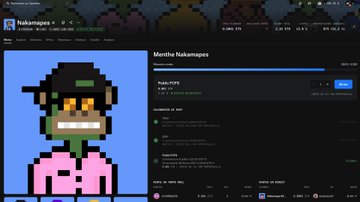 A screenshot of a cryptocurrency chart page on Nakamigos featuring a pixel art character with sunglasses and a green cap, alongside community and favorite statistics.