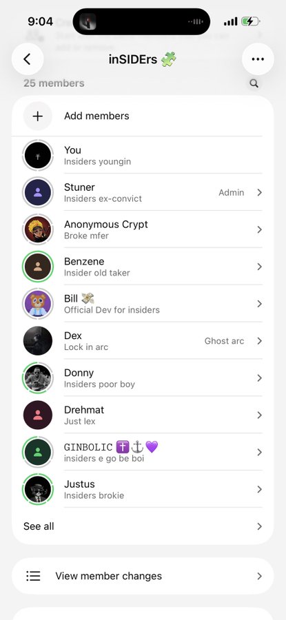 A mobile app screenshot showing a Telegram-style group called "inSIDErs" with 25 members, listing usernames like Stuner (Admin), Anonymous Crypt, Benzene, Bill, and others with their respective descriptions.