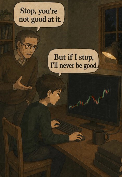 A stern father tells his son at a computer, "Stop, you're not good at it," while the boy replies, "But if I stop, I'll never be good." The image illustrates the post's message about perseverance, showing that growth requires pushing through criticism and failure rather than quitting.