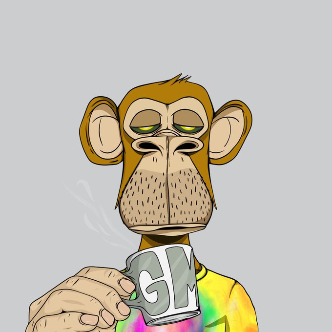 A cartoon illustration of a tired-looking brown monkey wearing a tie-dye shirt, holding a steaming mug labeled 'GM' (good morning).