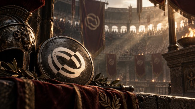 A digital artwork depicting a gladiatorial scene in a Roman Colosseum, with a metallic disc bearing an abstract logo in the foreground.