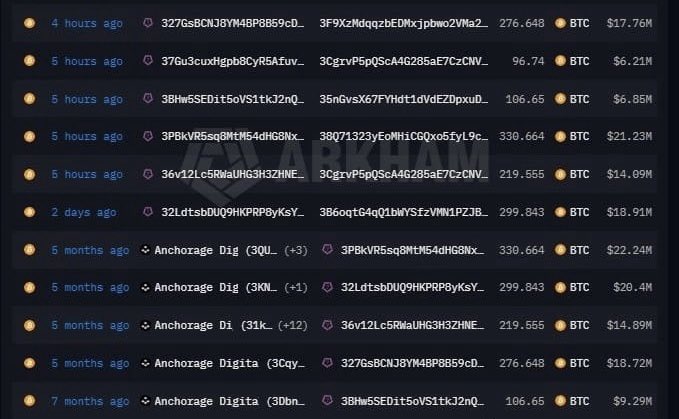 A Arkham Intelligence transaction log showing multiple large Bitcoin (BTC) transfers and wallet addresses, with amounts ranging from 96.74 BTC to 330.664 BTC over the past 7 months.