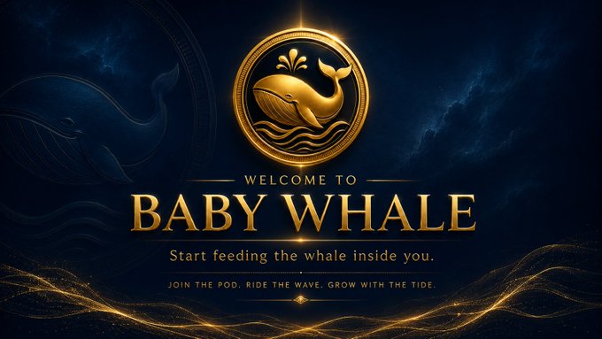 A promotional banner with a golden whale medallion reading "WELCOME TO BABY WHALE — Start feeding the whale inside you. Join the pod. Ride the wave. Grow with the tide."