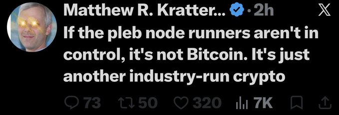 A tweet by Matthew R. Kratter reads: 'If the pleb node runners aren't in control, it's not Bitcoin. It's just another industry-run crypto.' It has 73 replies, 50 retweets, and 7K views.