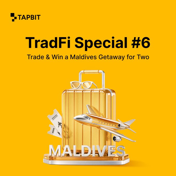 A yellow promotional graphic for "TAPBIT" advertising "TradFi Special #6 - Trade & Win a Maldives Getaway for Two" with a 3D rendering of a suitcase, airplane, sunglasses, and tickets.