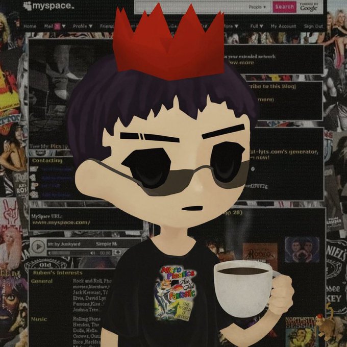 An anime-style character wearing sunglasses and a red paper crown, dressed in a black t-shirt, holds a coffee cup against a busy MySpace webpage background.