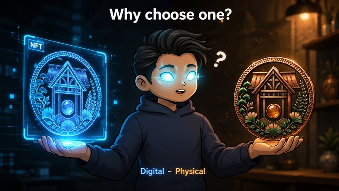 A cartoon character with glowing blue eyes holds a digital NFT card in one hand and a physical coin in the other, with text reading 'Why choose one?', 'NFT', and 'Digital + Physical'.